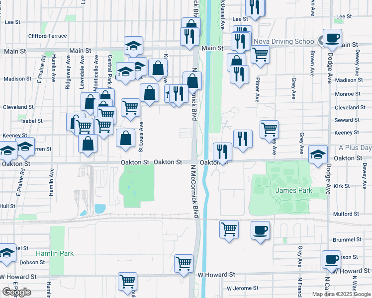 map of restaurants, bars, coffee shops, grocery stores, and more near 3340 Oakton Street in Skokie