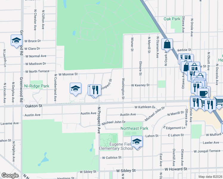 map of restaurants, bars, coffee shops, grocery stores, and more near 8048 West Prospect Court in Niles
