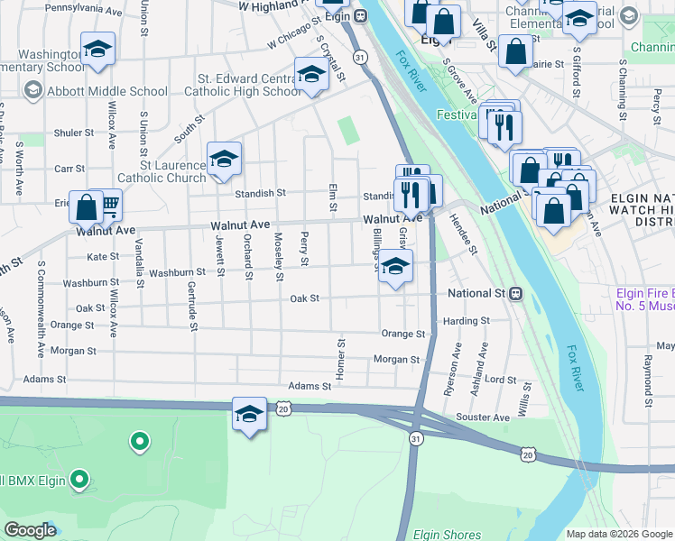 map of restaurants, bars, coffee shops, grocery stores, and more near 357 Washburn Street in Elgin
