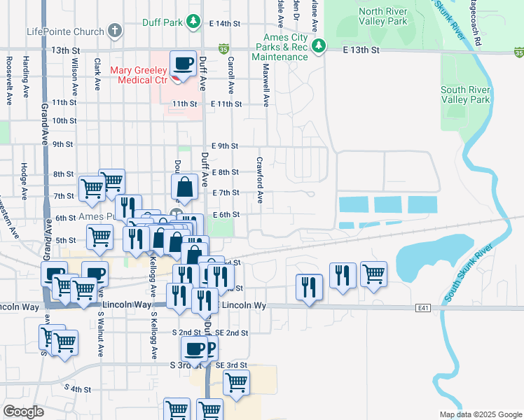 map of restaurants, bars, coffee shops, grocery stores, and more near 227 East 6th Street in Ames