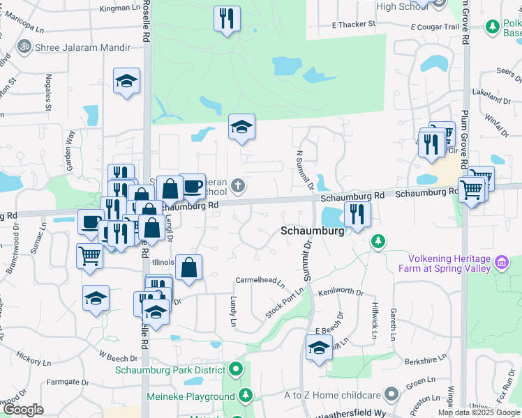 map of restaurants, bars, coffee shops, grocery stores, and more near 350 Newgate Court in Schaumburg