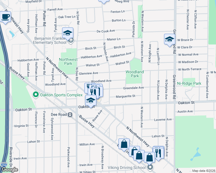 map of restaurants, bars, coffee shops, grocery stores, and more near 1104 North Hamlin Avenue in Park Ridge