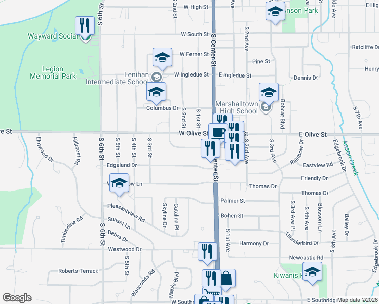map of restaurants, bars, coffee shops, grocery stores, and more near 2-198 Crestview Drive in Marshalltown