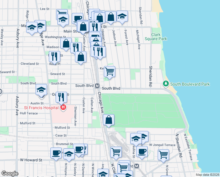 map of restaurants, bars, coffee shops, grocery stores, and more near Hinman Ave & South Blvd in Evanston