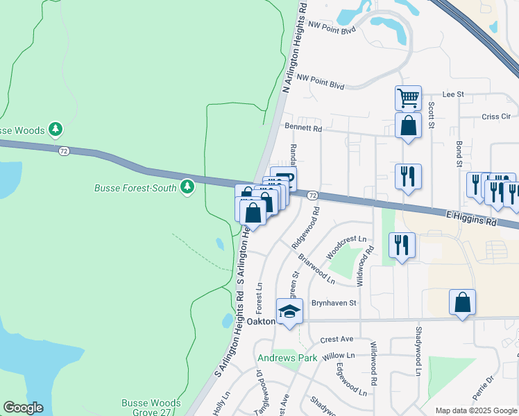 map of restaurants, bars, coffee shops, grocery stores, and more near 1 North Arlington Heights Road in Elk Grove Village