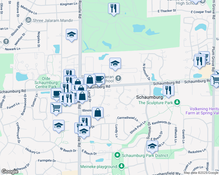 map of restaurants, bars, coffee shops, grocery stores, and more near 127 Waterbury Circle in Schaumburg