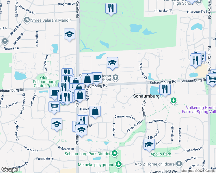 map of restaurants, bars, coffee shops, grocery stores, and more near 127 Waterbury Circle in Schaumburg