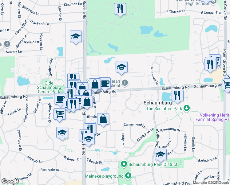 map of restaurants, bars, coffee shops, grocery stores, and more near 127 Waterbury Circle in Schaumburg