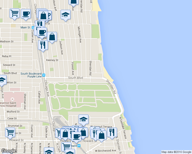 map of restaurants, bars, coffee shops, grocery stores, and more near 494 Sheridan Road in Evanston