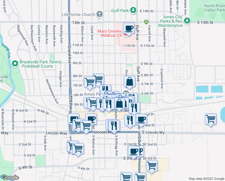 map of restaurants, bars, coffee shops, grocery stores, and more near 219 6th Street in Ames