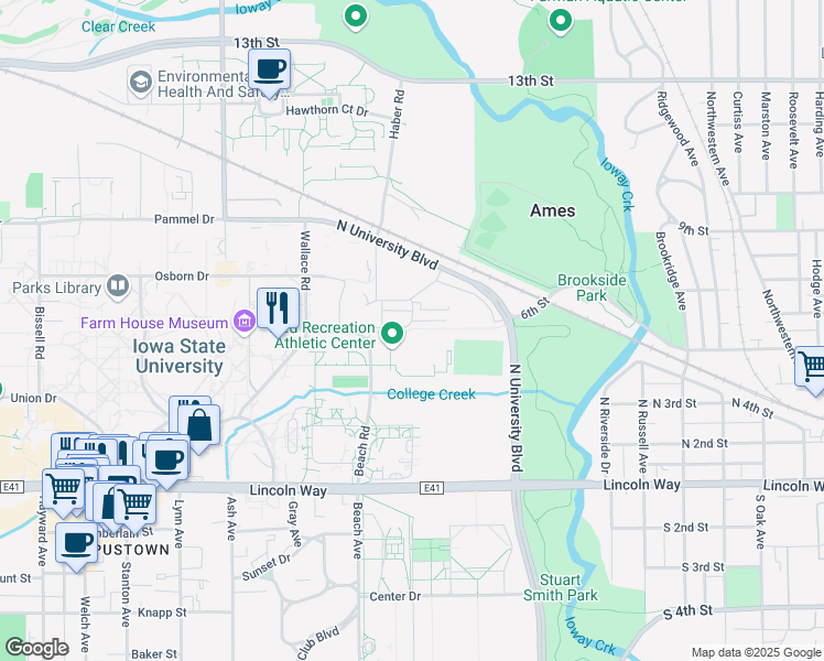 map of restaurants, bars, coffee shops, grocery stores, and more near 1900 Osborn Drive in Ames