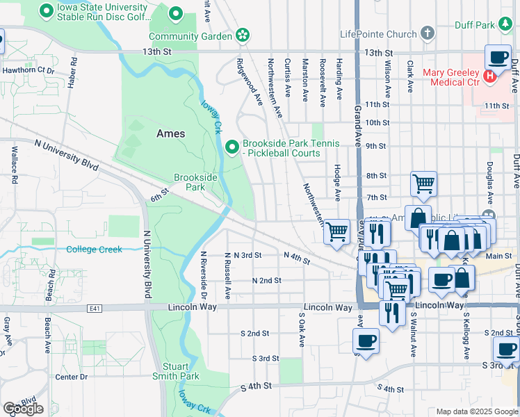 map of restaurants, bars, coffee shops, grocery stores, and more near in Ames