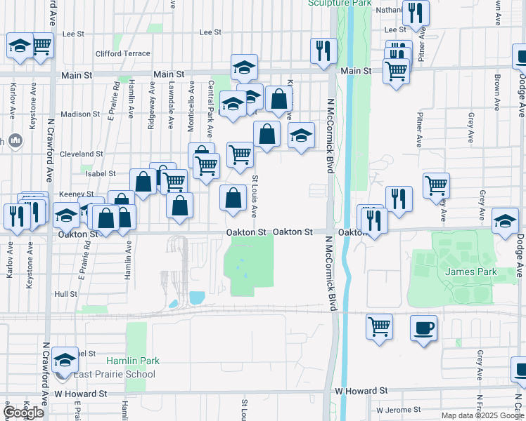 map of restaurants, bars, coffee shops, grocery stores, and more near 3432 Oakton Street in Skokie