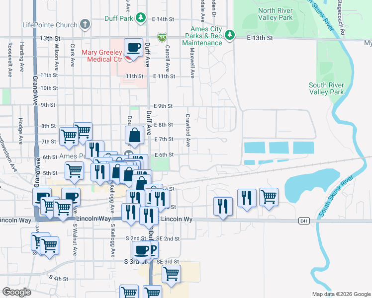 map of restaurants, bars, coffee shops, grocery stores, and more near 227 East 6th Street in Ames
