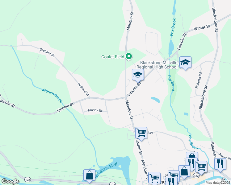 map of restaurants, bars, coffee shops, grocery stores, and more near 230 Lincoln Street in Blackstone