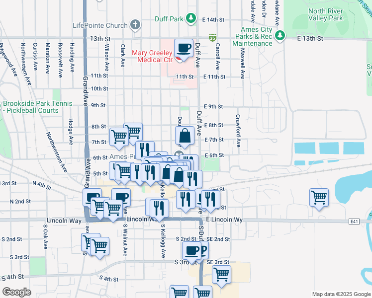 map of restaurants, bars, coffee shops, grocery stores, and more near 608 Douglas Avenue in Ames