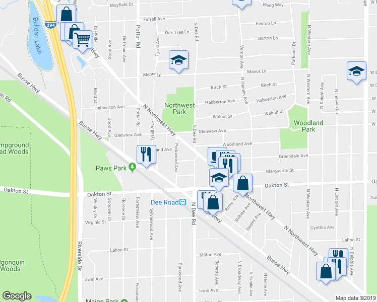 map of restaurants, bars, coffee shops, grocery stores, and more near 1112 North Northwest Highway in Park Ridge