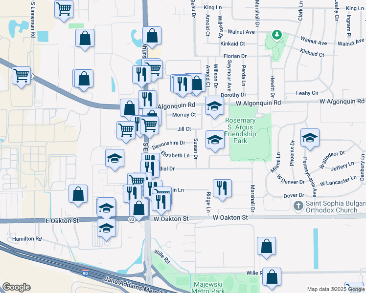 map of restaurants, bars, coffee shops, grocery stores, and more near 650 Elizabeth Lane in Des Plaines
