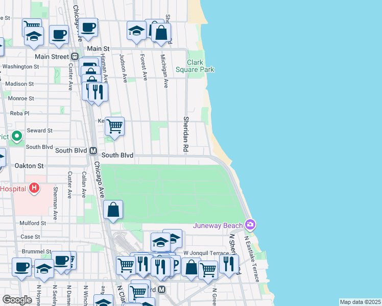map of restaurants, bars, coffee shops, grocery stores, and more near 518 Sheridan Road in Evanston