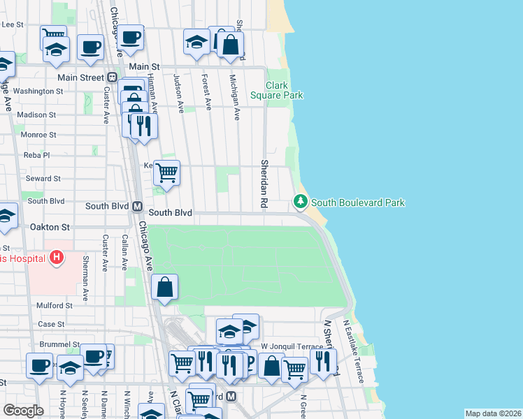 map of restaurants, bars, coffee shops, grocery stores, and more near 518 Sheridan Road in Evanston