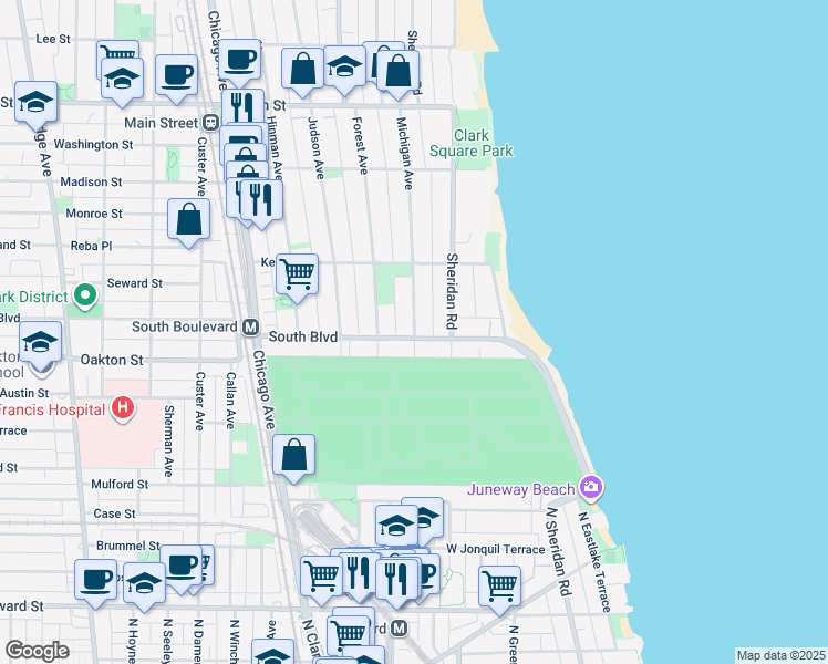 map of restaurants, bars, coffee shops, grocery stores, and more near 503 Michigan Avenue in Evanston