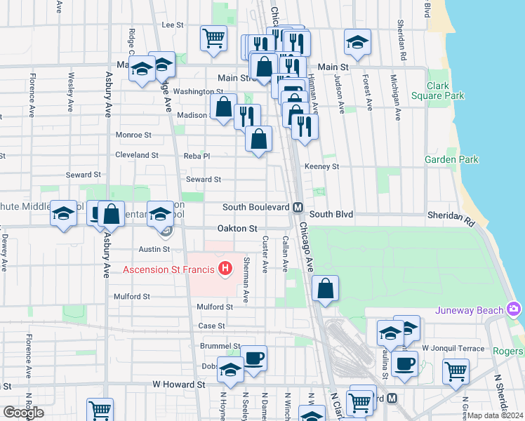map of restaurants, bars, coffee shops, grocery stores, and more near in Evanston