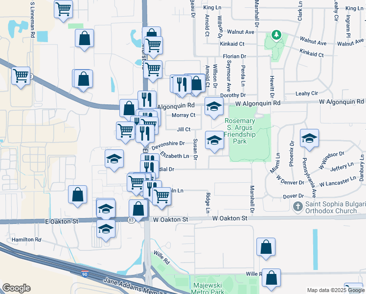 map of restaurants, bars, coffee shops, grocery stores, and more near 650 Elizabeth Lane in Des Plaines