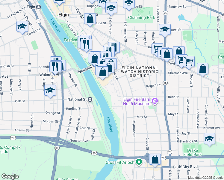 map of restaurants, bars, coffee shops, grocery stores, and more near 5 Times Square Road in Elgin