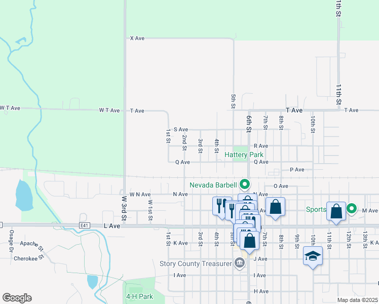 map of restaurants, bars, coffee shops, grocery stores, and more near 1705 2nd Street in Nevada