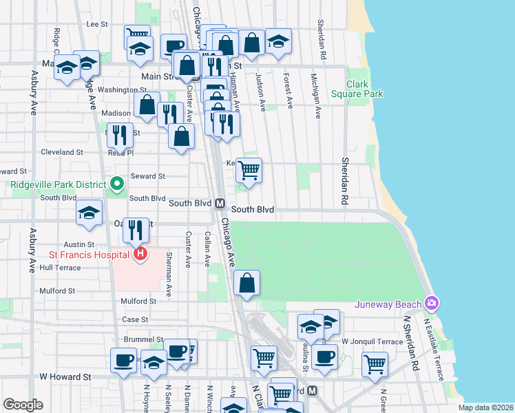 map of restaurants, bars, coffee shops, grocery stores, and more near 424 South Boulevard in Evanston