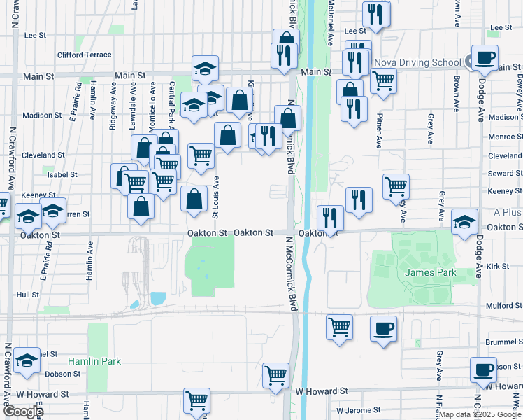 map of restaurants, bars, coffee shops, grocery stores, and more near 3340 Oakton Street in Skokie