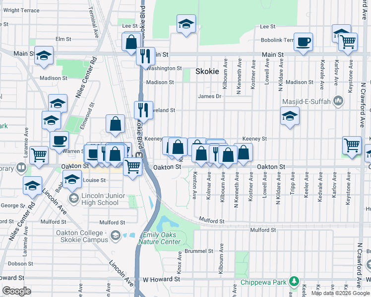 map of restaurants, bars, coffee shops, grocery stores, and more near 8039 Knox Avenue in Skokie