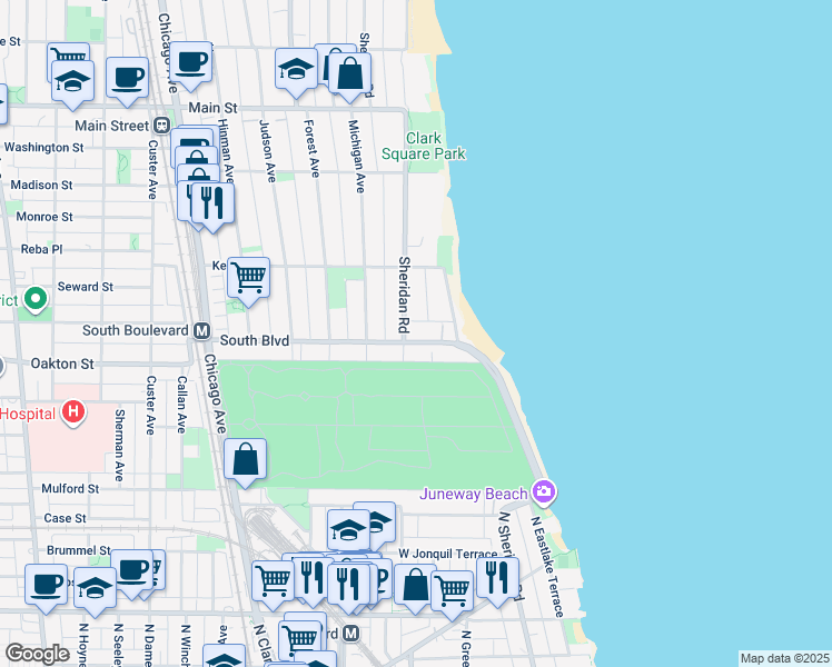 map of restaurants, bars, coffee shops, grocery stores, and more near 515 Sheridan Road in Evanston