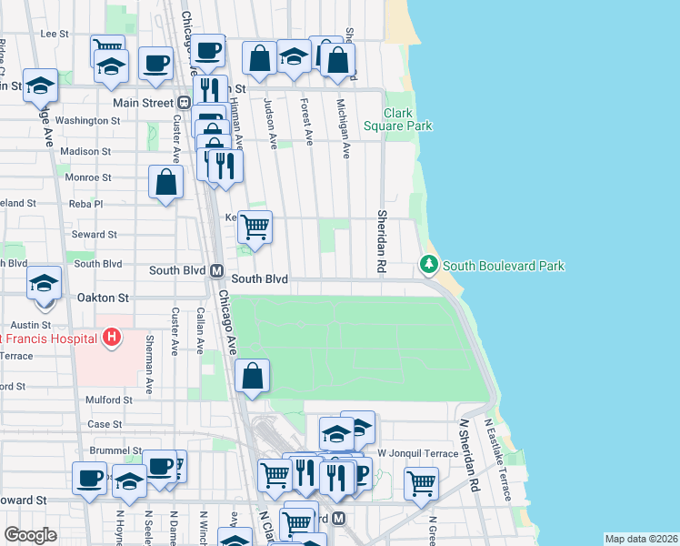 map of restaurants, bars, coffee shops, grocery stores, and more near 503 Michigan Avenue in Evanston