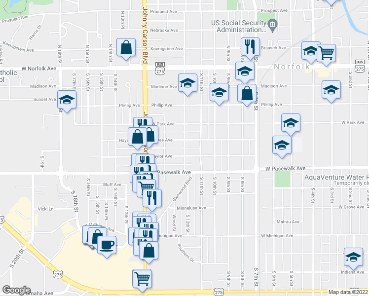 map of restaurants, bars, coffee shops, grocery stores, and more near 546 South 12th Street in Norfolk