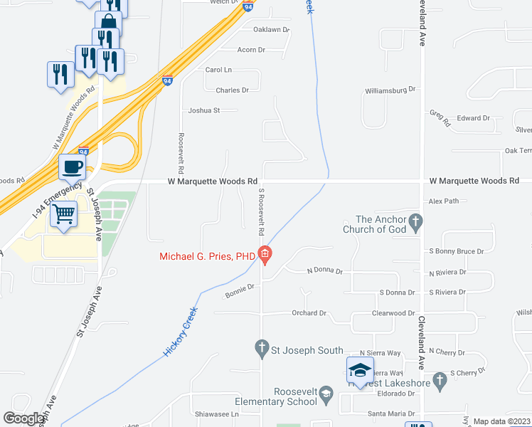 map of restaurants, bars, coffee shops, grocery stores, and more near 4983 South Roosevelt Road in Stevensville