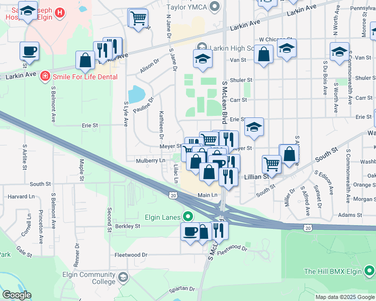 map of restaurants, bars, coffee shops, grocery stores, and more near 1499 Meyer Street in Elgin