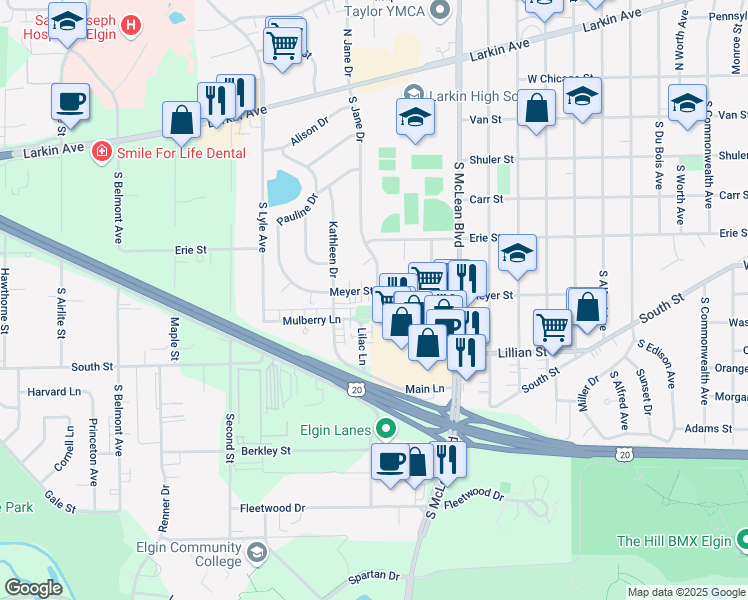 map of restaurants, bars, coffee shops, grocery stores, and more near 1519 Meyer Street in Elgin