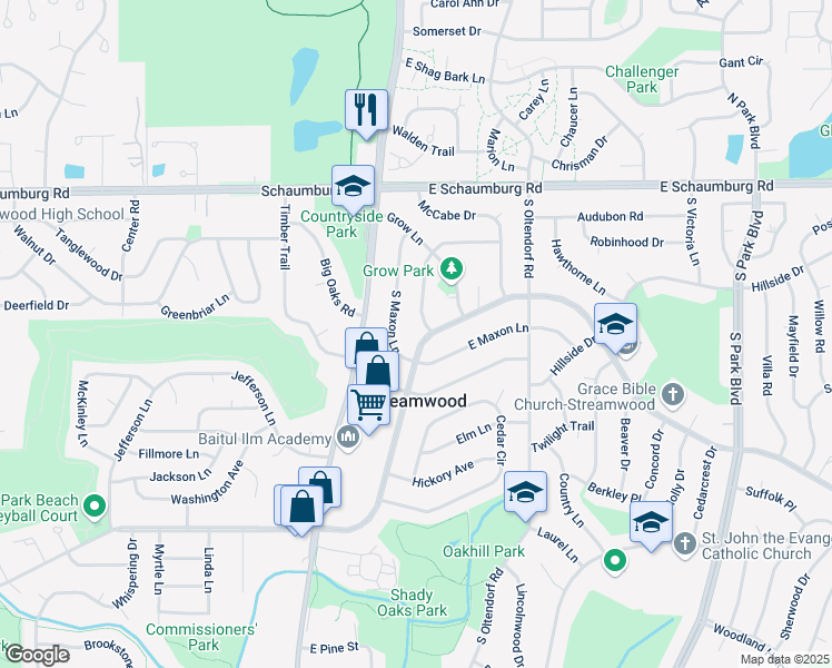 map of restaurants, bars, coffee shops, grocery stores, and more near 139 South Maxon Lane in Streamwood