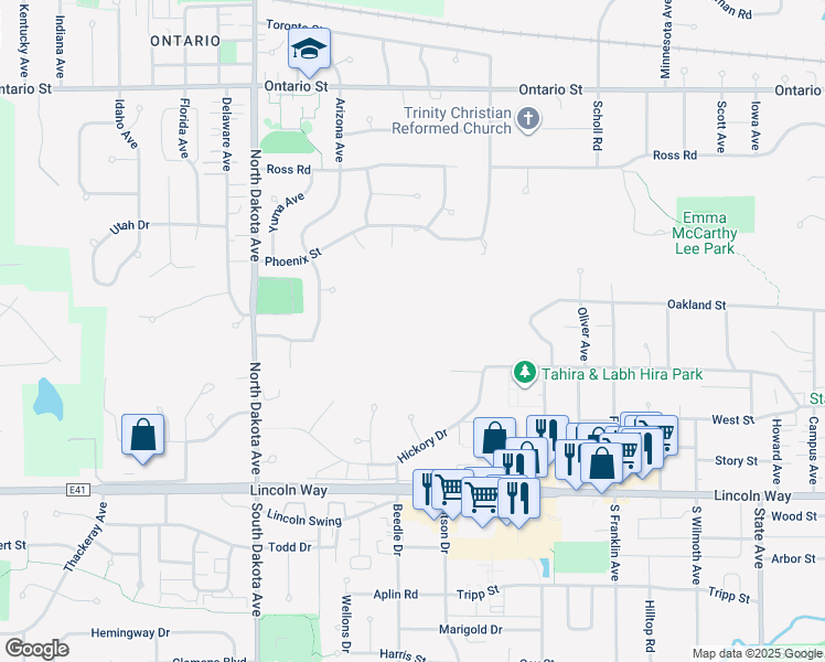 map of restaurants, bars, coffee shops, grocery stores, and more near 401 Hickory Drive in Ames