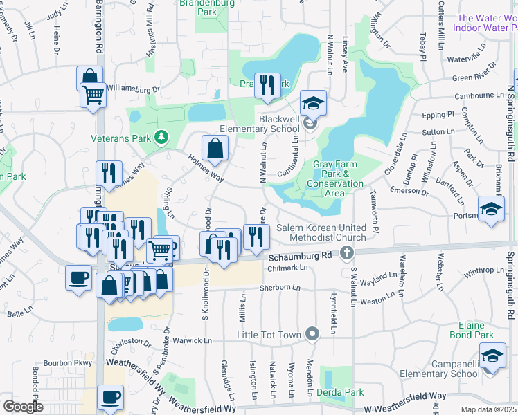 map of restaurants, bars, coffee shops, grocery stores, and more near 112 North Staffire Drive in Schaumburg