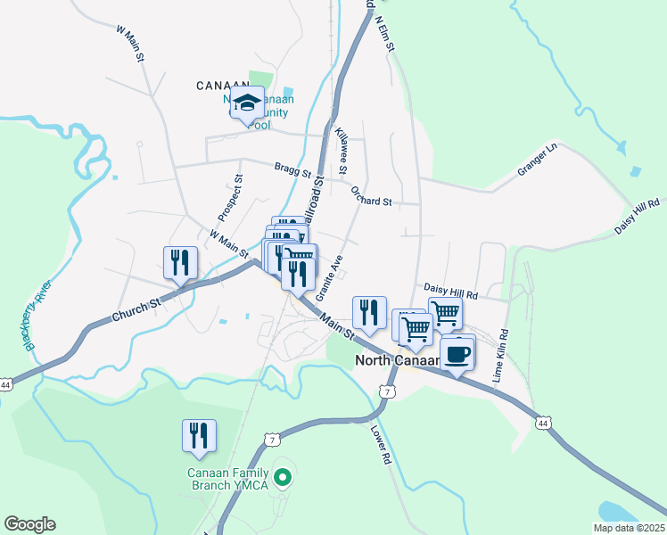 map of restaurants, bars, coffee shops, grocery stores, and more near 78 Granite Avenue in Canaan