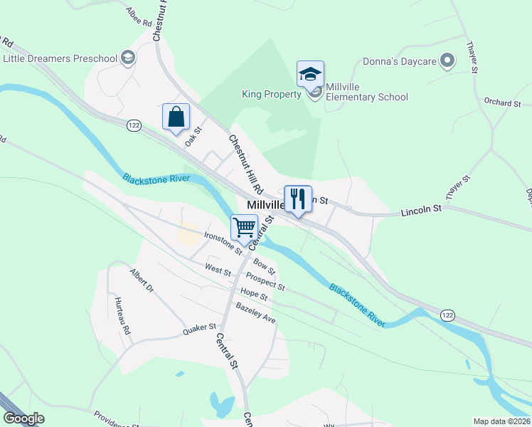 map of restaurants, bars, coffee shops, grocery stores, and more near 14 Central Street in Millville