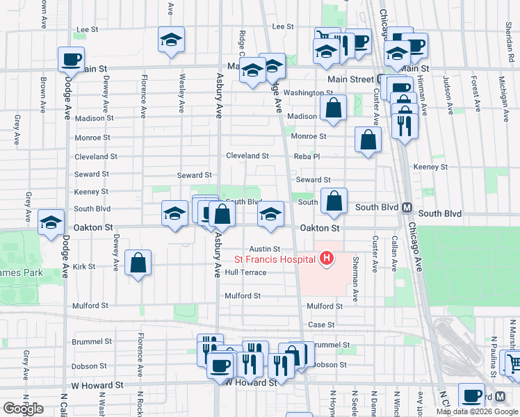 map of restaurants, bars, coffee shops, grocery stores, and more near 1031 Oakton Street in Evanston