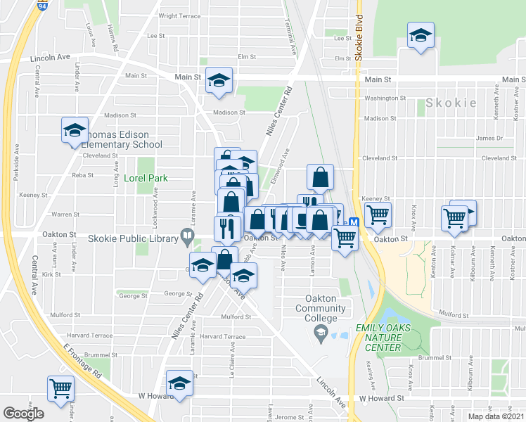 map of restaurants, bars, coffee shops, grocery stores, and more near 8001 Lincoln Avenue in Skokie