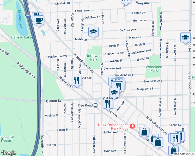 map of restaurants, bars, coffee shops, grocery stores, and more near 1101 Parkwood Avenue in Park Ridge