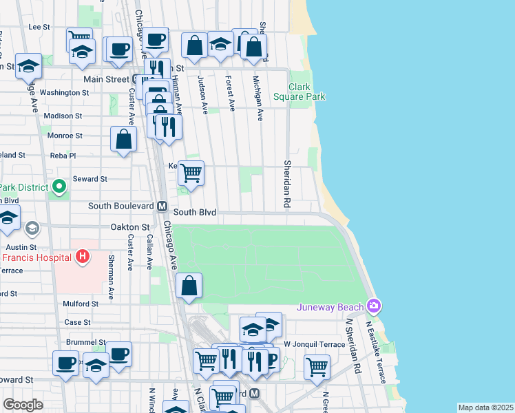 map of restaurants, bars, coffee shops, grocery stores, and more near 503 Michigan Avenue in Evanston