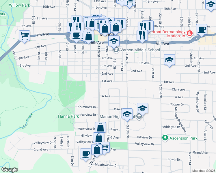 map of restaurants, bars, coffee shops, grocery stores, and more near 1133 1st Avenue in Marion