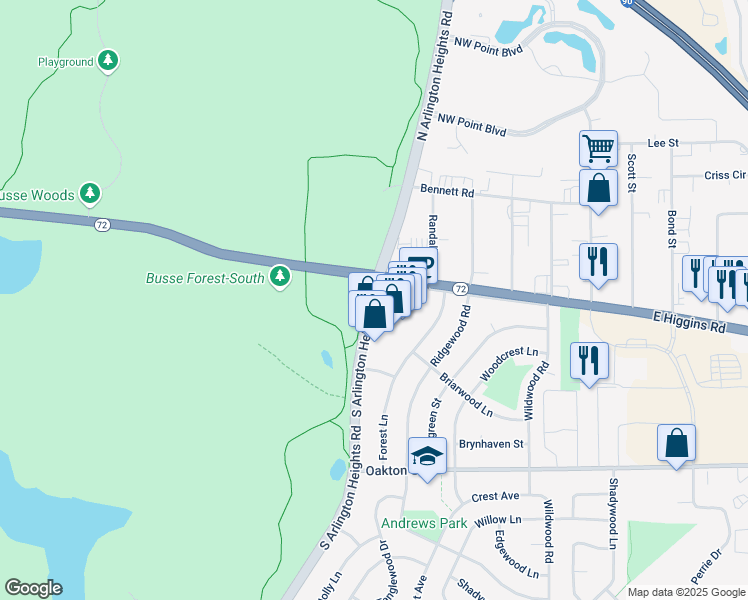 map of restaurants, bars, coffee shops, grocery stores, and more near 1 South Arlington Heights Road in Elk Grove Village