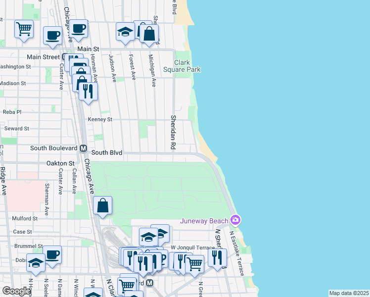 map of restaurants, bars, coffee shops, grocery stores, and more near 494 Sheridan Road in Evanston
